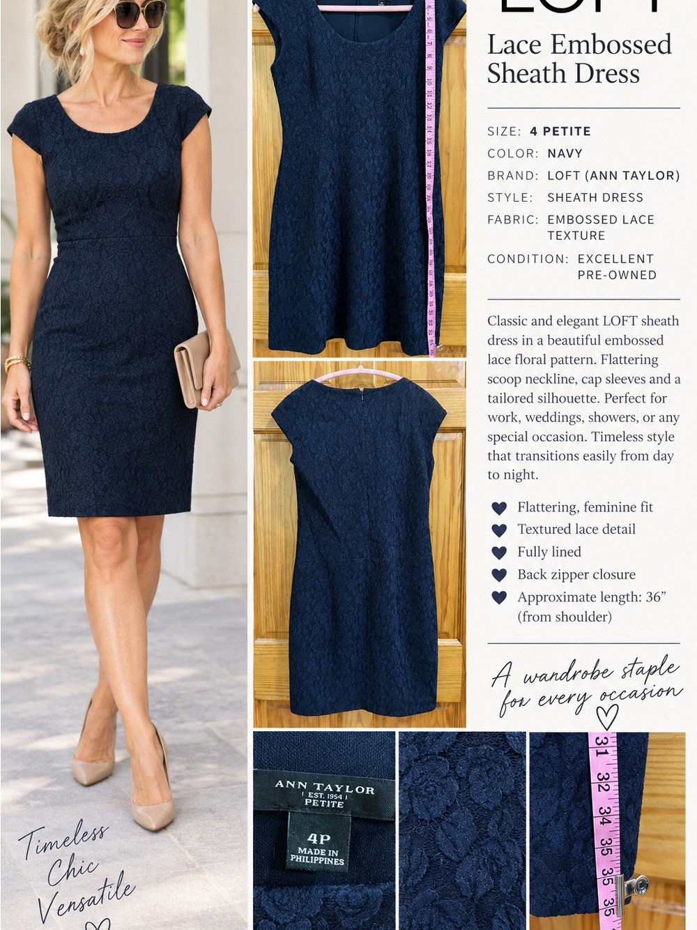 Ann Taylor Navy Embossed Lace Sheath Dress